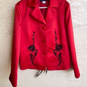 Bianca Nygard satin red evening jacket with black trim. Beautiful w/bulk dress.